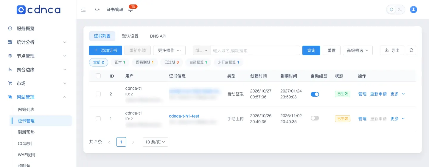 Certificate list: Add certificate and Reapply buttons, status filters (all, valid, expiring, expired, auto-renew), and a table of type (auto-issued or uploaded), expiry and an auto-renew switch