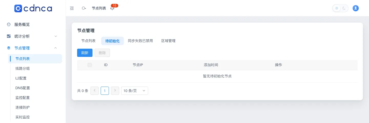 Pending initialisation tab of the node list: a table of node IP, time added and actions, empty here